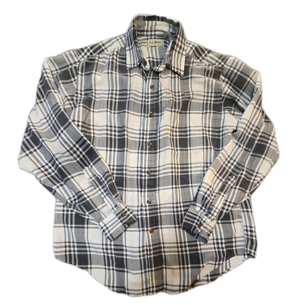 LL Bean Plaid Flannel Shirt Mens Medium Black Gray White Button Down Long Sleeve